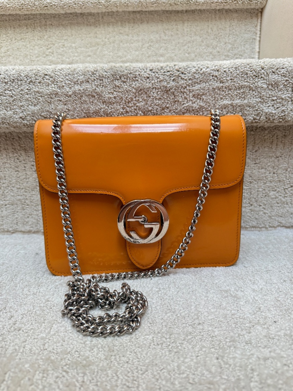 SOLD ❌Gucci Dollar Calfskin Small Interlocking G Shoulder Bag in orange patent